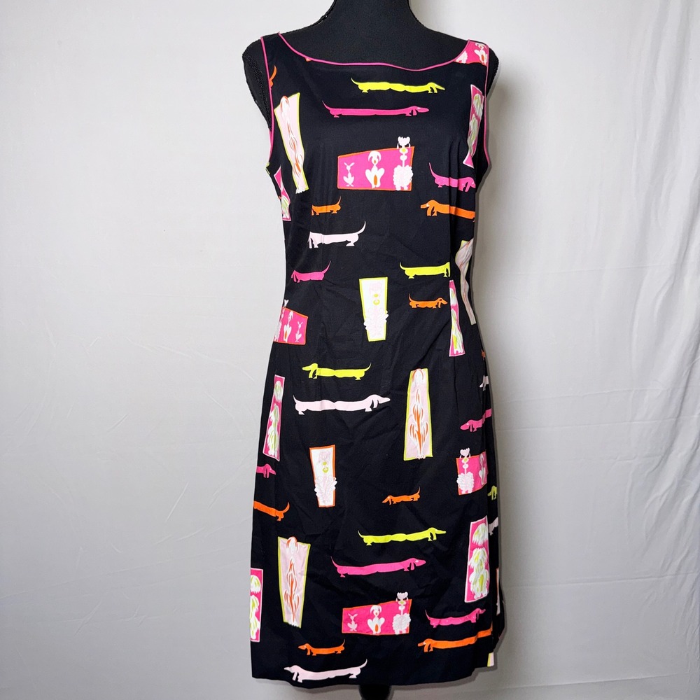 In The Wash Womens Dachshund Poodle Dog Print Sheath Dress Black Pink Size 8